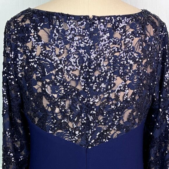 Lauren Ralph Lauren Blue Sequin Cocktail Dress Sheath Long Sleeve Ruched Skirt L - Picture 10 of 16